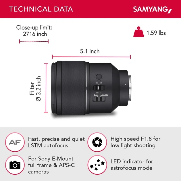Об'єктив Samyang AF 135 mm F1.8 для Sony FE Factory Recertified g2 - зображення 2