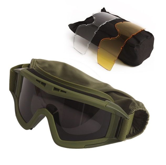 Тактичні окуляри захисна маска із кріпленнями на каску із 3 змінними лінзами Олива - зображення 1