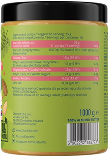 Pasta OstroVit 100% Masło Migdałowe Gładka 1000 g (5902232613773) - obraz 2