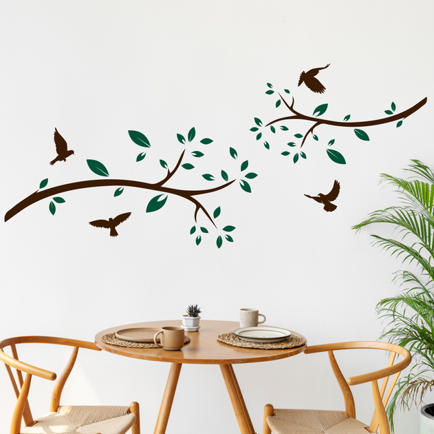 Наліпки на стіну Гілки дерева з птахами Набір 2шт Happy Pocket Коричневий Темно-зелене листя матовий - зображення 2