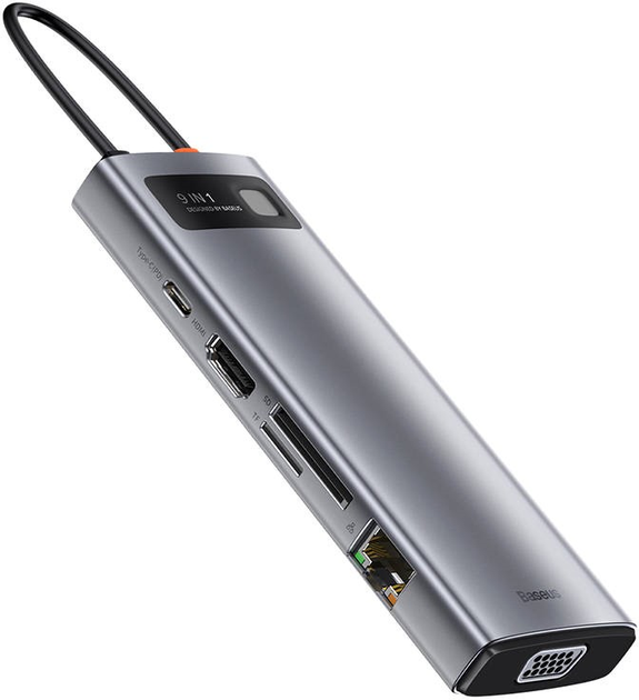 Hub USB-C 9w1 Baseus Metal Gleam Series 3 x USB 3.0 + HDMI + USB-C PD + Ethernet RJ45 + microSD/SD + VGA Gray (CAHUB-CU0G) - obraz 3