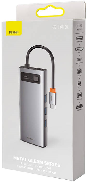Hub USB-C 9w1 Baseus Metal Gleam Series 3 x USB 3.0 + HDMI + USB-C PD + Ethernet RJ45 + microSD/SD + VGA Gray (CAHUB-CU0G) - obraz 6