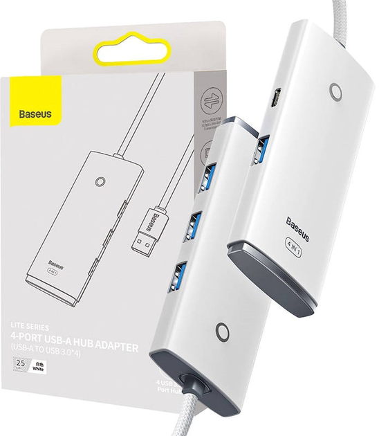 Хаб USB 4w1 Baseus Lite Series 4 x USB 3.0 25 cm White (WKQX030002) - зображення 1