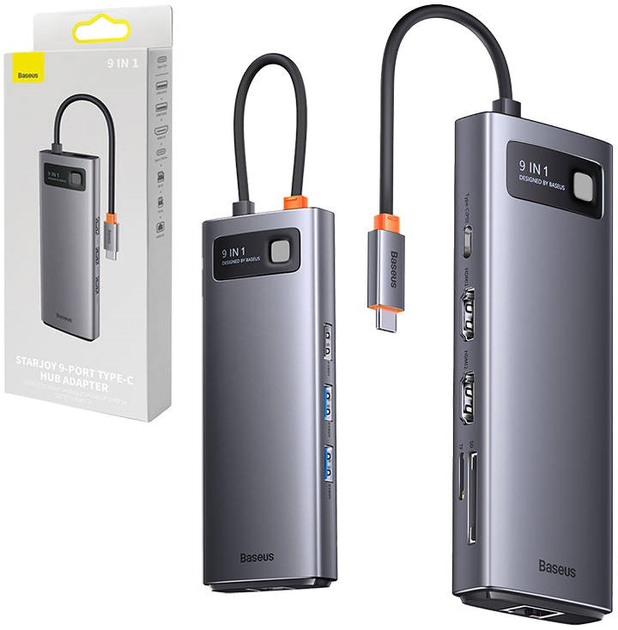 Хаб USB-C 9в1 Baseus Metal Gleam Series 2 x USB 3.0 + 2 x HDMI + USB 2.0 + USB-C PD + Ethernet RJ45 + microSD/SD Gray (WKWG060013) - зображення 1