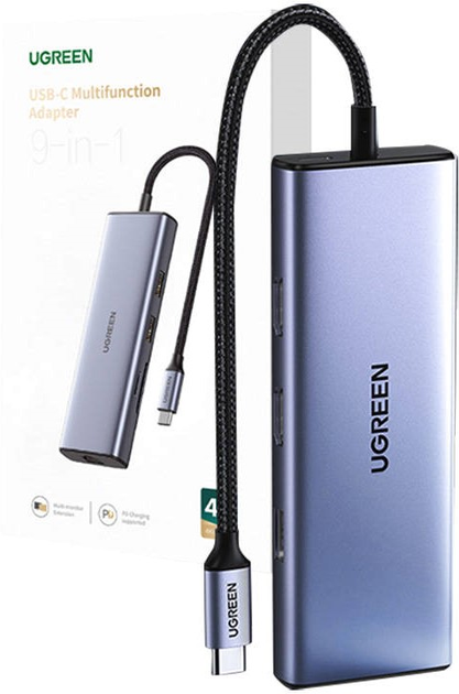 Адаптер Хаб USB-C 9в1 Ugreen 2 x USB-A 3.0 + USB-A 2.0 + 2 x HDMI 4K/60Hz + SD/TF + RJ45 Gray (6957303891191) - зображення 1