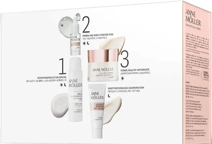 Набір для догляду за обличчям Anne Moller Rosage Balance Extra-Rich Repairing Денний крем SPF 15 50 мл + Нічний крем 15 мл + Гель з гіалуроновою кислотою 5 мл + Очищувальне молочко 60 мл (8058045438502) - зображення 1