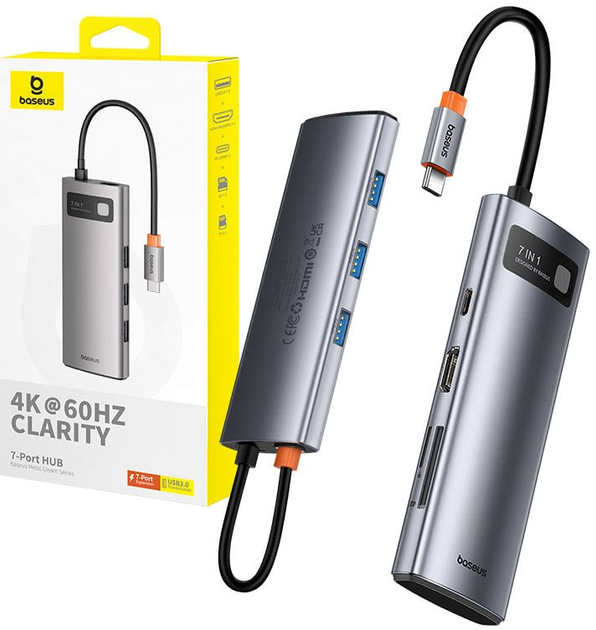 Хаб 7в1 Baseus Gleam HDMI 4K 60 Hz + 3 x USB 3.0 + 1x PD + SD/TF Gray ...