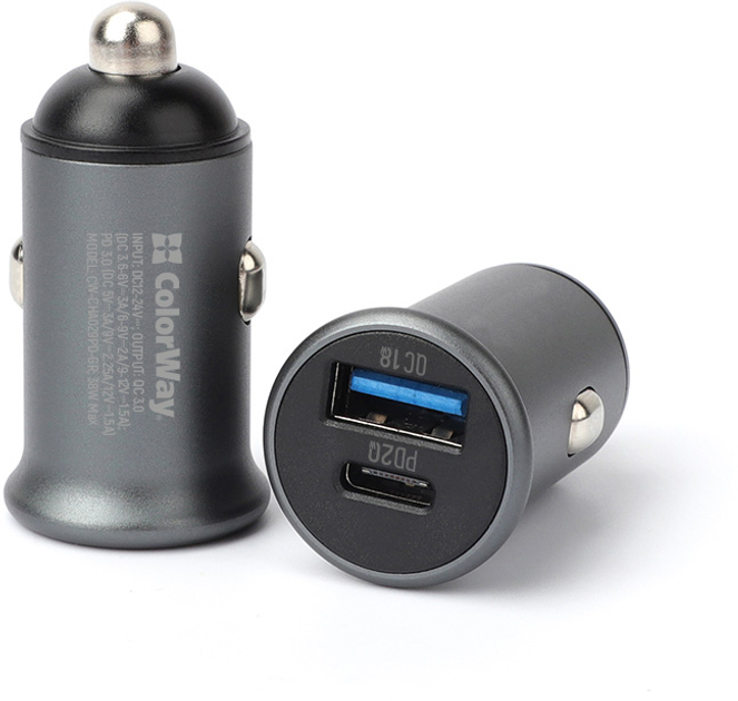 Автомобільний зарядний пристрій ColorWay 2USB Type-C PD20W + USB QC3.0 38W Gray - Фото 3 Автомобільний зарядний пристрій ColorWay 2USB Type-C PD20W + USB QC3.0 38W Gray - зображення 3