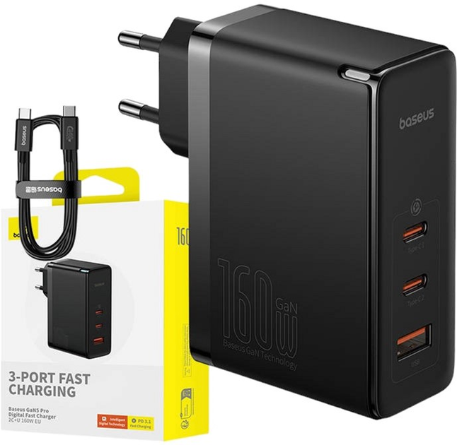 Ładowarka sieciowa Baseus GaN5 Pro 2 x USB-C + USB 160 W Czarna (P10110825113-00) - obraz 6