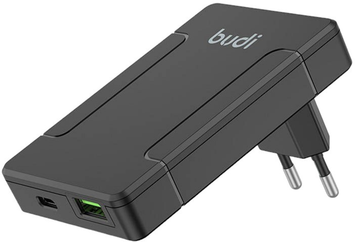 Ładowarka sieciowa Budi USB + USB-C PD 65 W + adaptery EU/UK/US/AU Czarna (6971536925423) - obraz 1