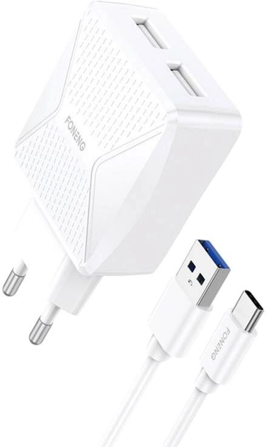 Ładowarka sieciowa Foneng + 2 x USB z kablem USB-C 2.4 A Biała (EU35 USB-C) - obraz 1