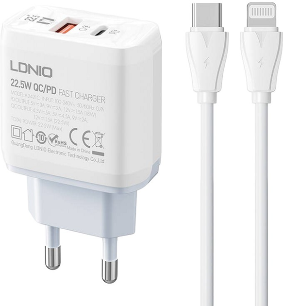 Мережевий зарядний пристрій Ldnio USB-C 22.5 W + кабель USB-C - Lightning (A2421C Type-C - lig) - зображення 1