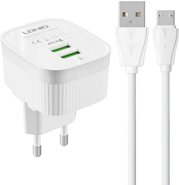 Мережевий зарядний пристрій Ldnio 2 x USB + кабель MicroUSB (A201 Micro) - зображення 1