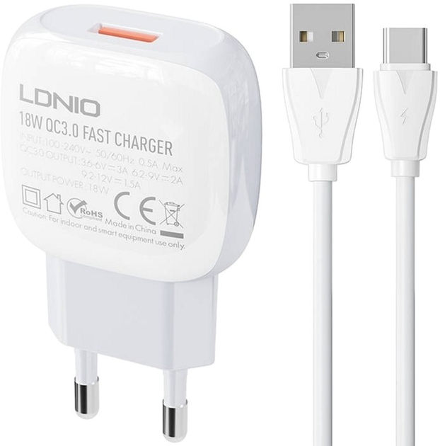 Мережевий зарядний пристрій Ldnio 18 W + кабель USB-C (A1306Q Type-C) - зображення 1
