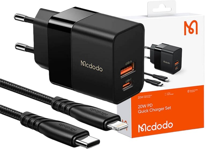 Мережевий зарядний пристрій Mcdodo USB + USB-C 20W + кабель USB-C - Lightning Black (CH-1952) - зображення 2