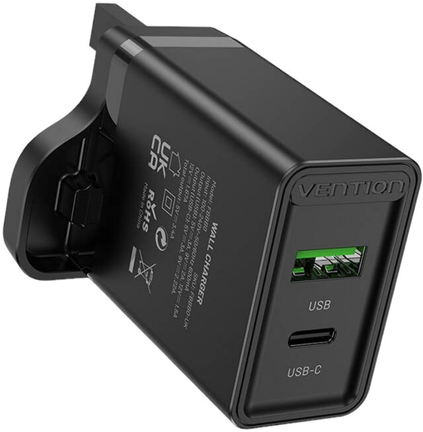 Мережевий зарядний пристрій Vention USB(A+C) 18 W/20 W UK Black (FBBB0-UK) - зображення 2