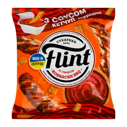 Сухарики Flint Пшенично-житні зі Смаком Ковбаски BBQ з Кетчупом 70g - Фото 1 Сухарики Flint Пшенично-житні зі Смаком Ковбаски BBQ з Кетчупом 70g - зображення 1