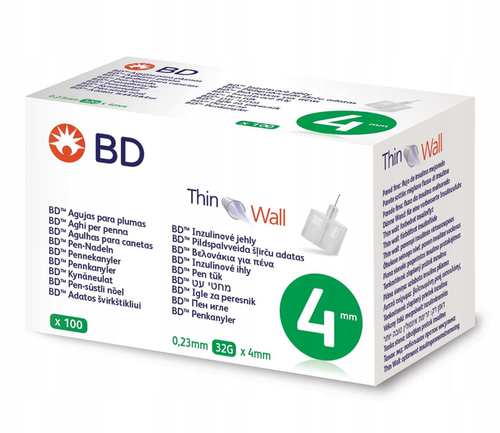 Голки для інсулінових ручок "BD Microfine Thin Wall" 4 мм (32G x 0,23 мм), 100 шт. - зображення 1