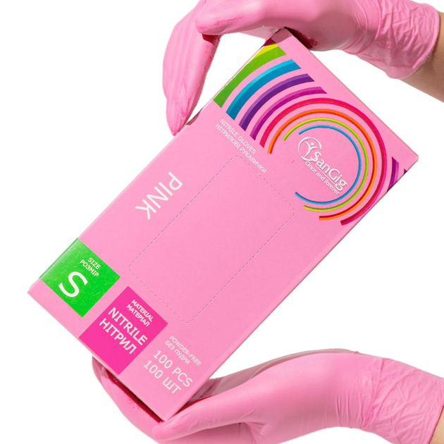 Нитриловые перчатки SanGig, плотность 3.5 г. - розовые (100 шт) S (6-7) - изображение 1