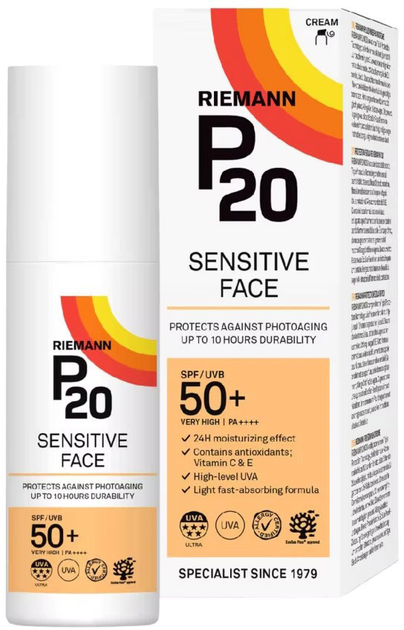 Сонцезахисний крем для обличчя Riemann P20 Sensitive SPF 50+ 50 г (5701943102619) - зображення 1