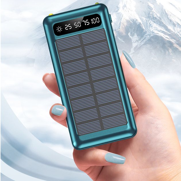 Power Bank на солнечной батарее Kamry 20000mAh, фонарик, USB, встроенные кабеля MicroUSB/Lightning/Type-C/USB Голубой - изображение 6