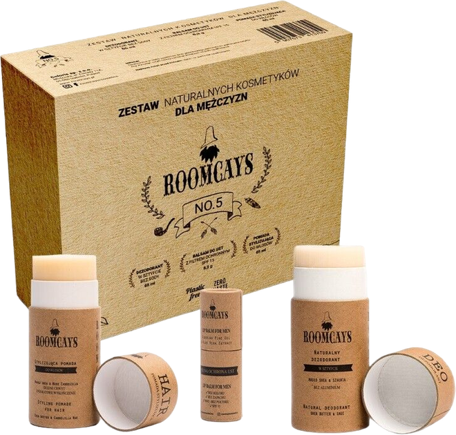 Zestaw naturalnych kosmetyków Roomcays dezodorant 65 g + pomada do włosów 65 ml + balsam do ust SPF15 8.3 g (5907573413709) - obraz 1