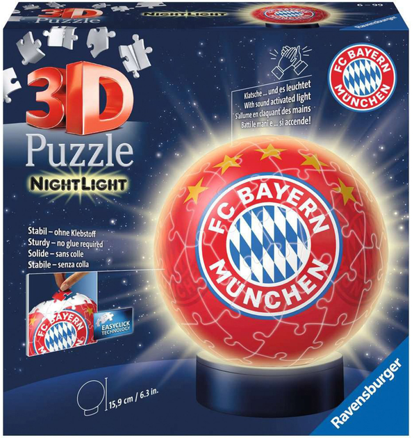 3D Пазл Ravensburger Ball Nachtlicht FC Bayern München 15 x 15 x 15 см 72 деталей (4005556121779) - зображення 1