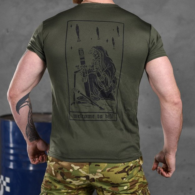 Потоотводящая мужская футболка Odin coolmax с принтом "Welcome to hеll" олива размер M - изображение 2