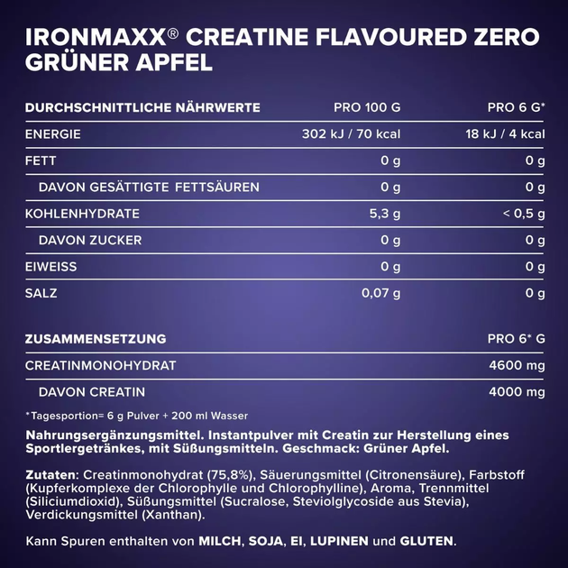 IronMaxx, Creatine Flavoured ZERO, зеленое яблоко, 250 г (821397) - Фото 4 IronMaxx, Creatine Flavoured ZERO, зеленое яблоко, 250 г (821397) - изображение 4