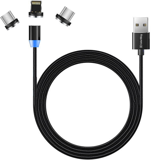 Кабель ColorWay USB - 3в1 Lightning + MicroUSB + Type-C Magnetic 2.4а 1м Black - Фото 2 Кабель ColorWay USB - 3в1 Lightning + MicroUSB + Type-C Magnetic 2.4а 1м Black - изображение 2