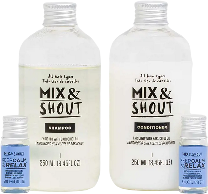 Zestaw do pielęgnacji włosów Mix & Shout Rutina Calmante Szampon 250 ml + Odżywka 250 ml + Booster 2 x 5 ml + Dozownik 2 szt (8437023598115) - obraz 2
