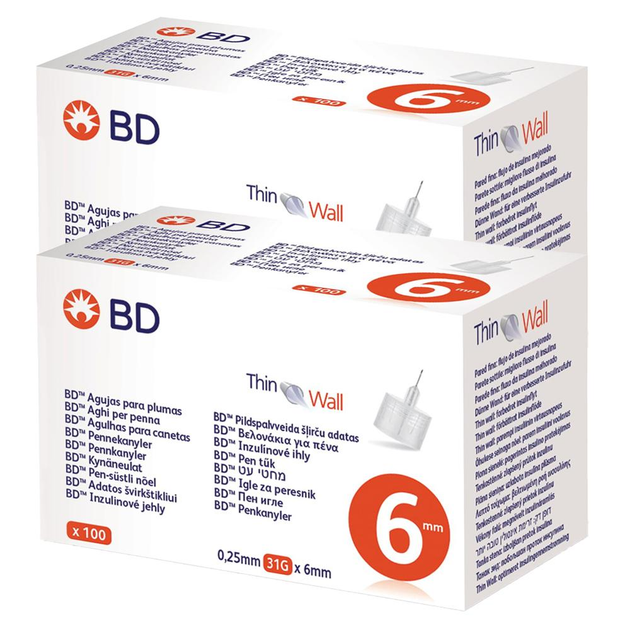 Иглы для инсулиновых ручек "BD Microfine Thin Wall" 6 мм (31G x 0,25 мм), 200 шт. - изображение 1