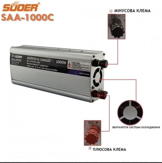 Інвертор 12V 220V Suoer SAA-1000C із зарядкою 10 А + USB - зображення 6