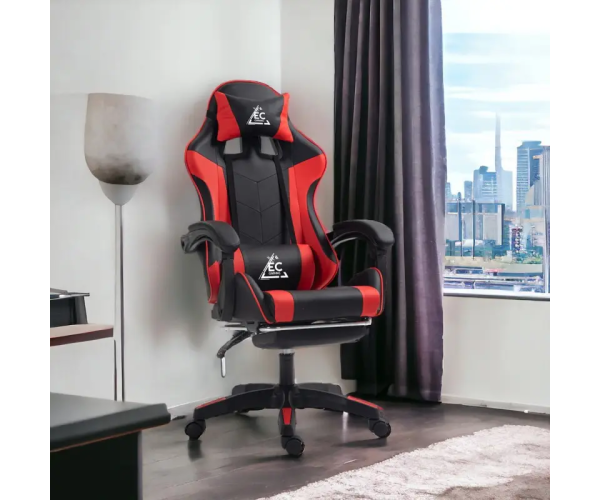 Ігрове комп'ютерне крісло для геймерів та роботи для дому EC GAMING 2806 Чорно-червоне обшите екошкірою та з підставкою для ног - зображення 9