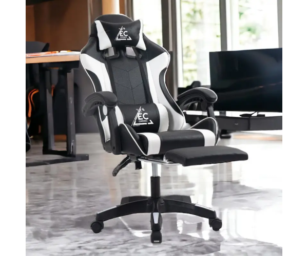 Ігрове комп'ютерне крісло для геймерів та роботи для дому EC GAMING 2806 Чорно-біле обшите екошкірою та з підставкою для ніг - изображение 8