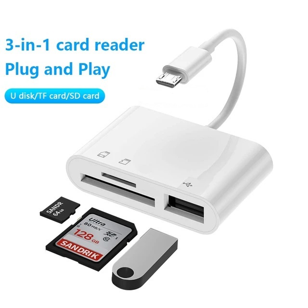 Кардридер OTG конвертер хаб Micro USB - USB 3.1 + SD + TF (3 в 1) Белый ...