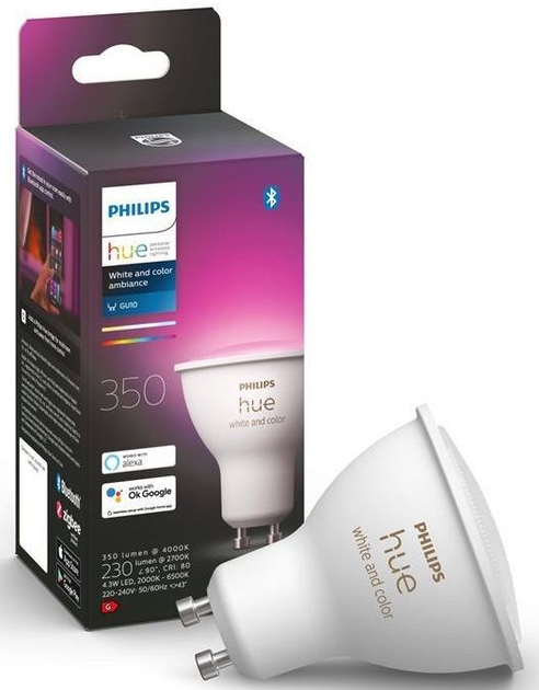 Philips Hue Лампа розумна GU10, 5.7W(50Вт), 2000K-6500K, RGB, ZigBee ...