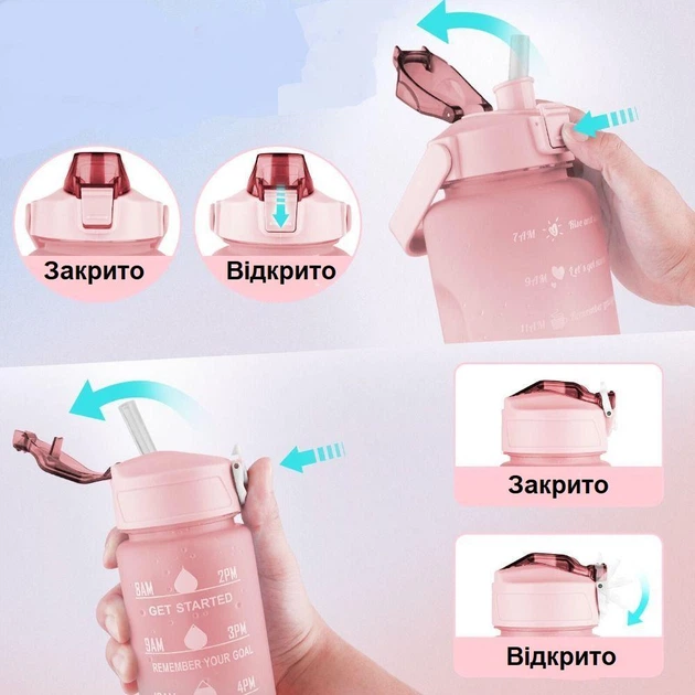 Спортивная бутылка для воды и напитков Gradient мотивационная бутылка со шкалой и трубочкой 900 мл, розовый с голубым (86808655) - изображение 3