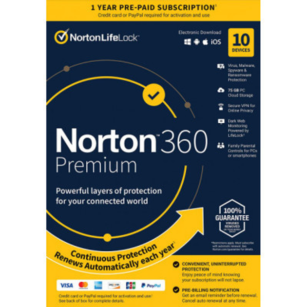 Антивирус Norton by Symantec NORTON 360 PREMIUM 75GB 1 USER 10 DEVICE 12M (21409567) - изображение 1