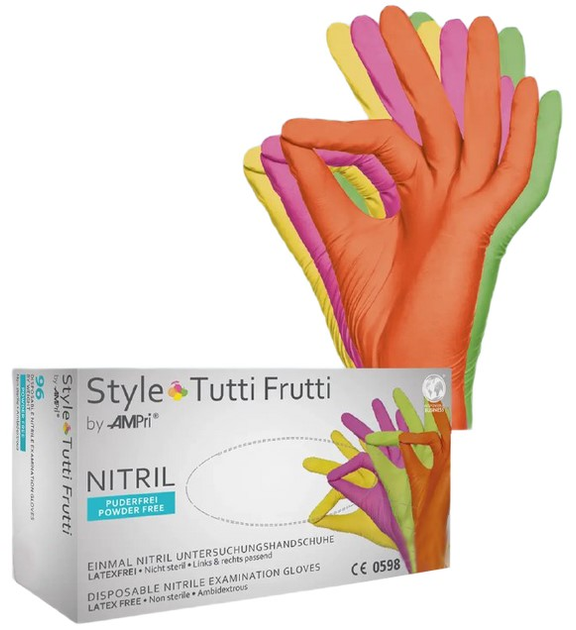 Перчатки нитриловые Ampri Style Tutti Frutti неопудренные Размер L 96 шт Разноцветные (4044941014913) - изображение 1