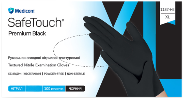 Перчатки смотровые нитриловые текстурированные, нестерильные Medicom SafeTouch Premium Black неопудренные 5 г черные 50 пар № XS (1187H-A) - изображение 1