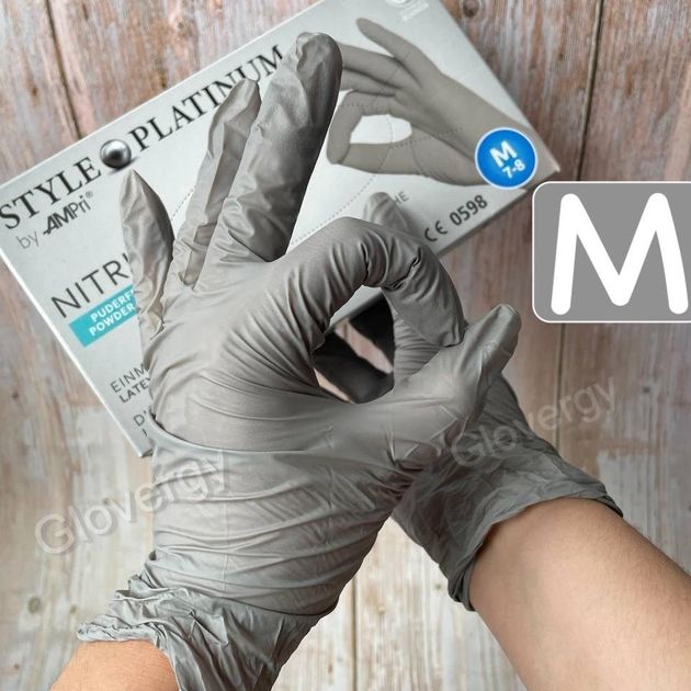 Перчатки нитриловые AMPri Platinum размер M серого цвета 100 шт - изображение 1