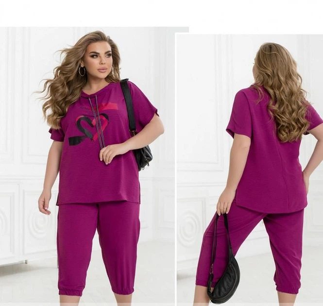 Літній костюм в стилі casual з подовженою футболкою і брюками-капрі ST-Style 62530 58-60 Фуксія - изображение 4