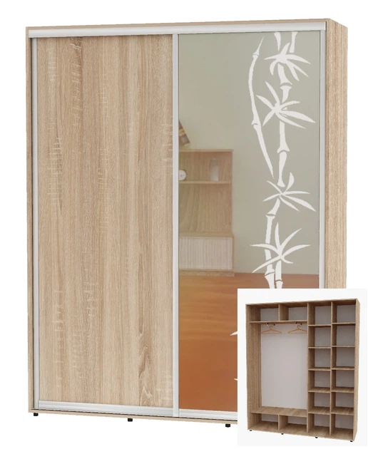 Шкаф-купе двухдверный Алекса 190*45*230 Дуб Сонома ДСП/Зеркало с пескоструйным рисунком - Фото 1 Шкаф-купе двухдверный Алекса 190*45*230 Дуб Сонома ДСП/Зеркало с пескоструйным рисунком - изображение 1