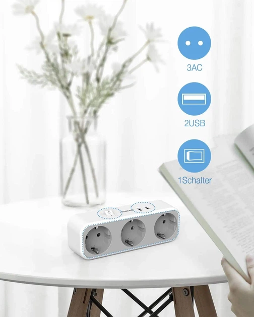 Мережевий фільтр розгалужувач трійник 3 євро розетки + 2 USB-A Tessan 3600W/16A Білий - Фото 11 Мережевий фільтр розгалужувач трійник 3 євро розетки + 2 USB-A Tessan 3600W/16A Білий - зображення 11