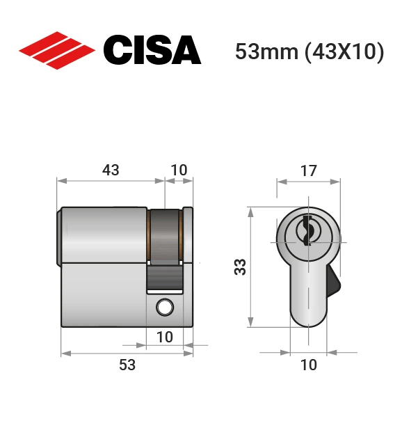 Цилиндр половинка CISA C2000 53 (43*10) никель матовый 3 ключа - изображение 7