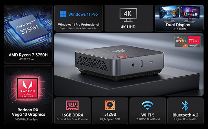 Мини ПК NiPoGi AM02 / AMD Ryzen 7 3750H / RAM 16GB / SSD 512GB / HDMI / LAN / Wi-Fi 5 / Bluetooth 4.2 / Windows 11 / Черный - изображение 2