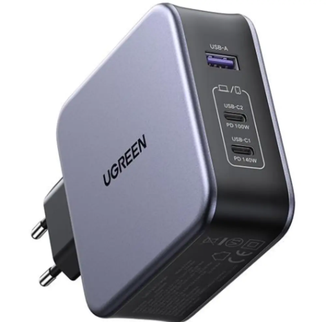 Зарядний пристрій Ugreen CD289 3xUSB 140W GaN 2хUSB-C+USB-A з C to C Cable 1.5 м Gray (90549) - зображення 2