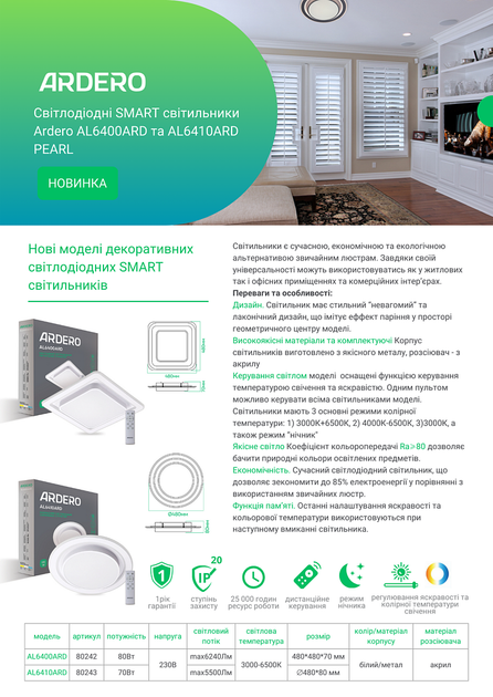 Люстра с пультом управления ПУ Ardero AL6410ARD PEARL R 70W 5500Lm 3000К-6500К на кухню, для спальни, для гостиной - изображение 7