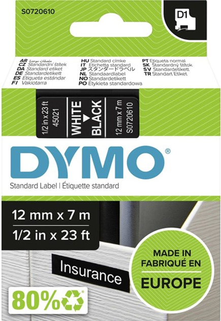 Стрічка для етикеток Dymo S0720610 D1 12 мм x 7 м Black/White (5411313450218) - зображення 1